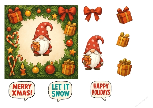 Cute Christmas Gnome Card Front & Decoupage Sheet, Festive Gifts, Bows & Holiday Sentiments