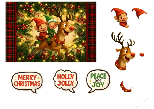 Christmas Elves Riding Reindeer Card Front & Decoupage Sheet,  Festive Lights, Plaid Border & Holiday Sentiments