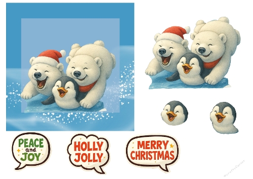 Cute Christmas Polar Bears and Penguin Clipart Set,  Festive Winter Animals, Holiday Greetings & Scrapbooking Elements
