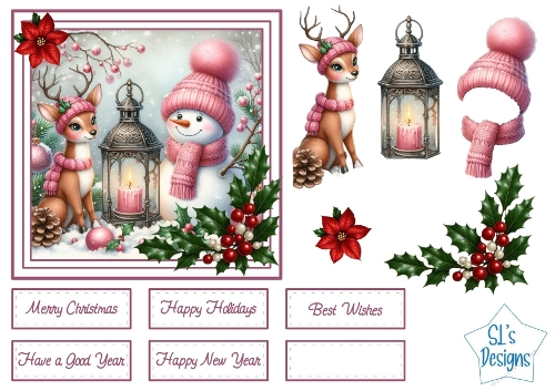 Cute Winter Snowman & Reindeer Card Front with Lantern, Holly & Festive Sentiments, Christmas Printable Craft Sheet
