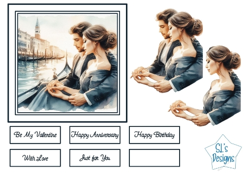Romantic Couple in Venice Card Front with Toppers & Sentiments,  Anniversary, Valentines & Birthday Printable