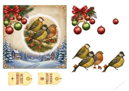 Vintage Christmas Birds & Festive Baubles Card Front with Gift Tags, Winter Cottage Scene