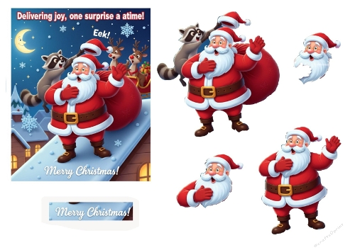 Cute Santa & Raccoon Christmas Card Topper, Funny Santa Hat Surprise, Festive Clipart Set, Printable Cardmaking Kit