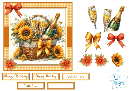 Sunflower Champagne Basket Card Front with Bonus Toppers & Sentiments
