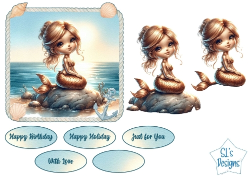Cute Watercolor Mermaid Nautical Rope Frame Card Kit with Sentiments, Ocean Theme, Shells & Anchor