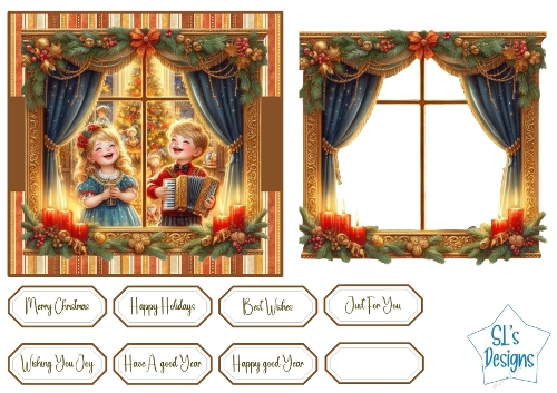 Vintage Christmas Window Card Topper with Caroling Children & Festive Frame, Printable Craft Sheet