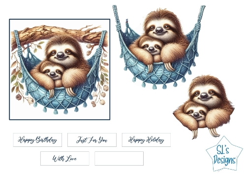 Cute Sloth Mother and Baby Hammock Card Front with Toppers and Sentiments