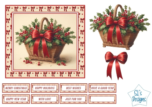 Festive Holly Basket Christmas Card Front with Red Bow and Sentiment Toppers