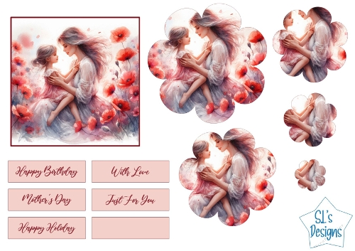 Mother and Daughter Floral Card Front with Layered Toppers and Sentiment Labels