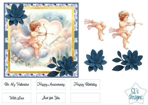 Romantic Cupid Card Topper with 3D Decoupage Layers and Sentiments, Valentine, Anniversary, Birthday