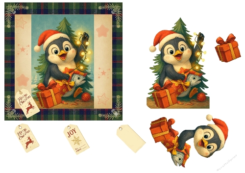 Cheerful Christmas Penguin with Gifts & Tags