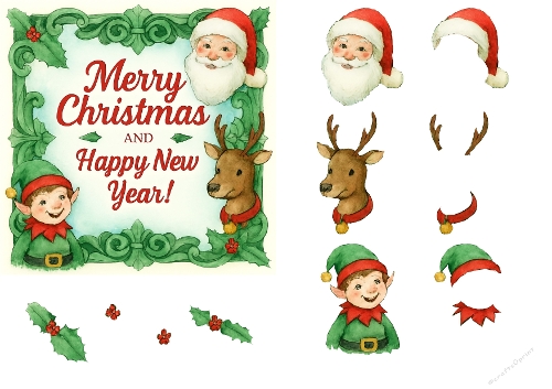 Whimsical Christmas Trio Card Topper – Santa, Elf & Reindeer