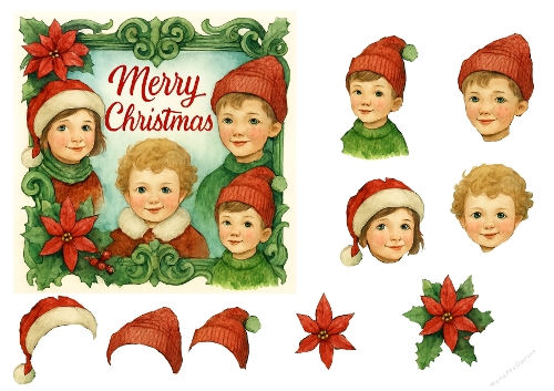 Vintage Christmas Children Card Topper – Poinsettia & Holly Accents