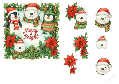 Merry & Bright Polar Bears and Penguins Christmas Card Topper