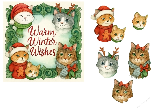 Warm Winter Wishes Christmas Cats Card Topper – Festive Feline Fun