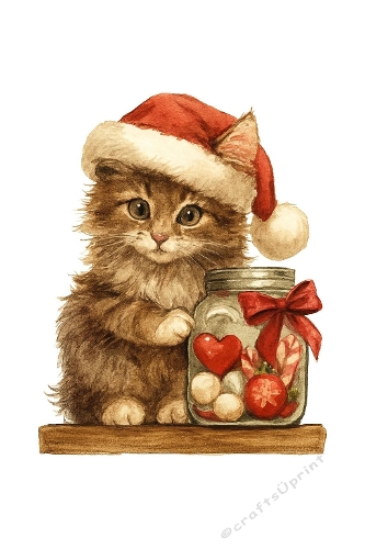 Décoration de carte de chaton de Noël et de pot de bonbons - Charme félin festif à laquarelle