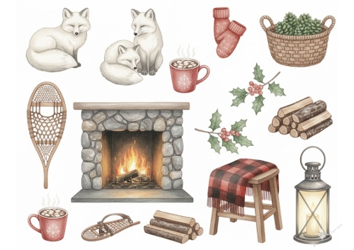 Winter Foxes & Fireplace Card Topper – Cozy Cabin Vibes in Watercolor