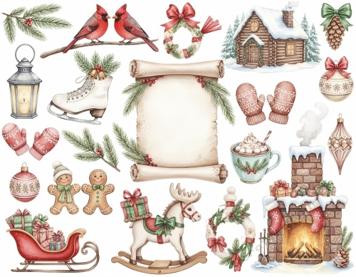 Magical Christmas Collage with Cardinals, Cabin & Cozy Winter Icons