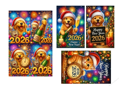 Festive New Year 2026 Animal Celebration Card Topper x 4 page Card 3 Large Card+ 4 Small 