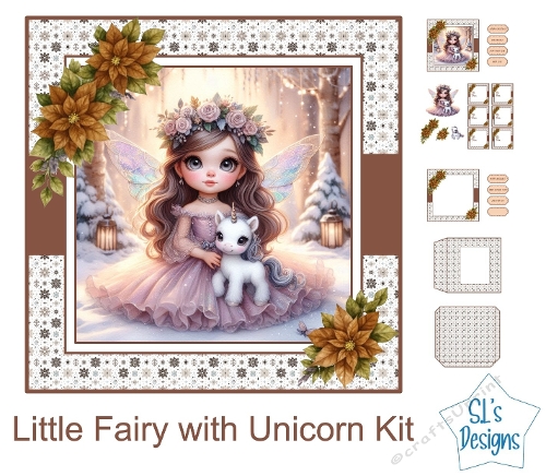 Little Fairy with Unicorn Cardmaking Kit, Brown Poinsettia Floral Frame, Winter Fantasy Paper Craft Set