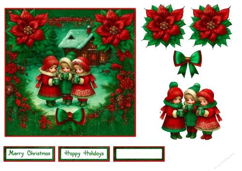 Cozy Christmas Cabin Scene with Children – Festive Card & Label Kit