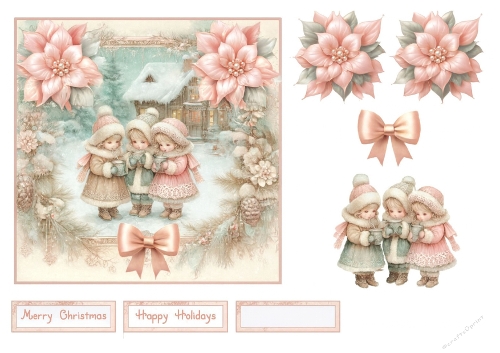 Vintage Pink Christmas Scene with Children – Nostalgic Card & Label Kit