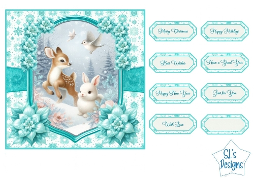 Winter Fawn and Bunny Card Front 3,  Cute Woodland Animals in Snowy Scene with Floral Accent