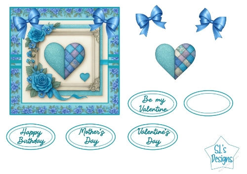 Blue Floral Heart Card Front with Bows & Sentiment Tags,  Birthday, Valentine, Mothers Day Printable