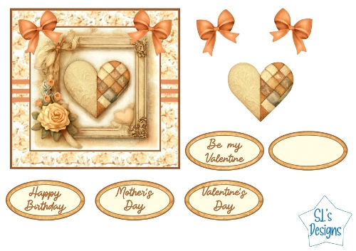 Vintage Peach Floral Heart Card Front with Bows & Sentiment Tags, Birthday, Valentine, Mothers Day Printable