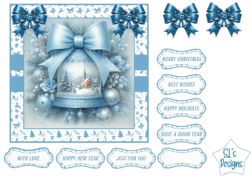 Elegant Blue Christmas Bell Card Front with Bows, Sentiment Labels