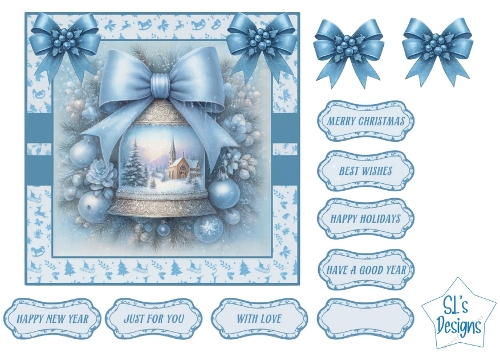 Elegant Blue Christmas Bell Card Front with Winter Church Scene, Sentiment Tags