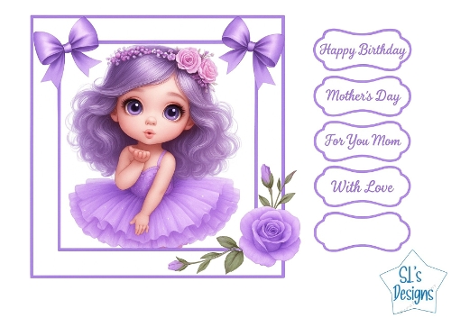 Lavender Ballerina Card Front – Cute Girl Clipart with Labels, Printable Craft Sheet for Birthdays, Mothers Day
