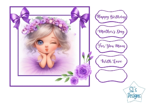 Cute Lavender Ballerina Card Front – Winking Girl Clipart with Sentiment Labels – Printable Cardmaking Sheet