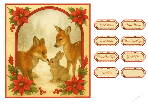 Woodland Christmas Scene with Red Poinsettias – Holiday Printable Tags Kit