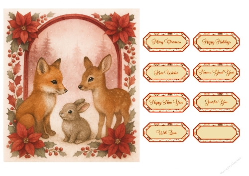 Fox, Deer & Rabbit in Snowy Forest – Christmas Printable Tags Kit with Red & Gold Accents
