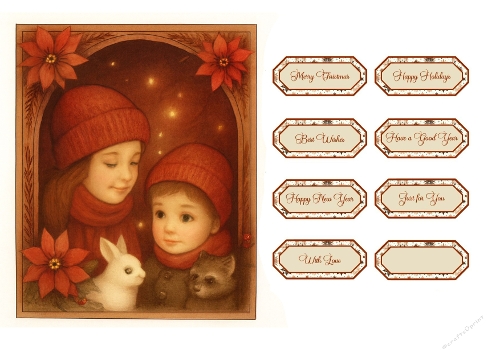 Cozy Winter Children & Animals Scene – Christmas Printable Tags Kit with Red & Cream Accents