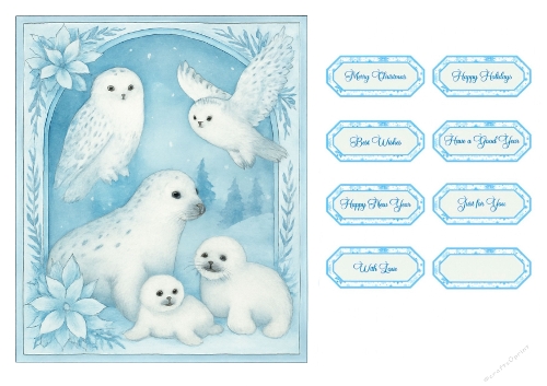 Snowy Owls & Seals in Winter Forest – Christmas Printable Tags Kit with Blue Floral Accents