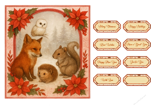 Woodland Animals in Snowy Forest – Christmas Printable Tags Kit with Red Poinsettias