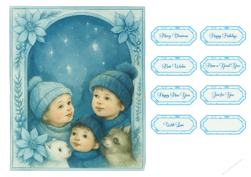 Children with Polar Bear in Starry Forest – Christmas Printable Tags Kit with Blue Poinsettias