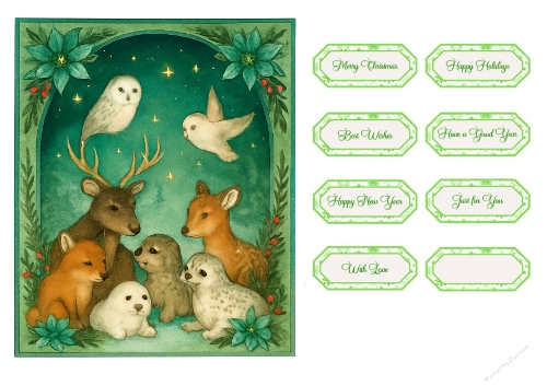 Winter Wildlife Gathering in Starry Forest – Christmas Printable Tags Kit with Green & Blue Accents