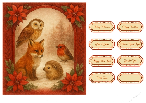 Fox, Owl & Hedgehog in Snowy Forest – Christmas Printable Tags Kit with Red & Gold Accents