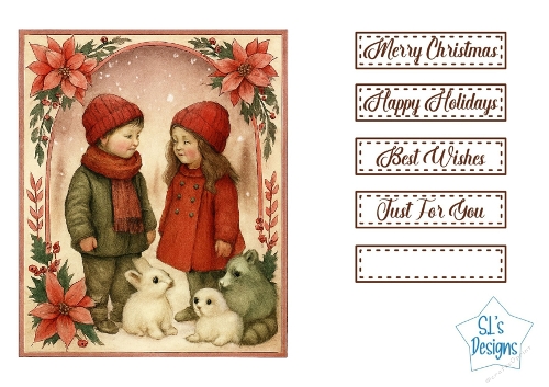Vintage Winter Children & Animals Scene – Christmas Printable Tags Kit with Red Poinsettias