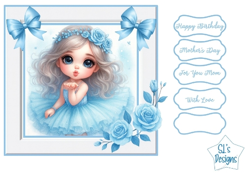Blue Ballerina Card Front, Cute Girl Clipart with Sentiment Labels, Printable Cardmaking Sheet