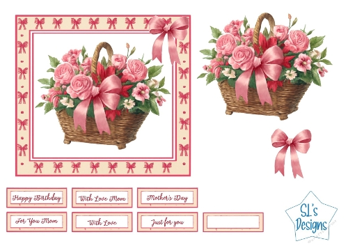 Pink Rose Basket Card Front, Floral Printable with Sentiment Labels for Birthday and Mothers Day