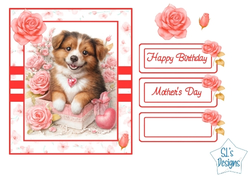 Adorable Puppy with Roses Card Topper, Birthday, Mothers Day and All-Occasion Printable
