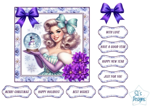 Elegant Vintage Christmas Lady Card Topper with Purple Poinsettias and Sentiment Labels