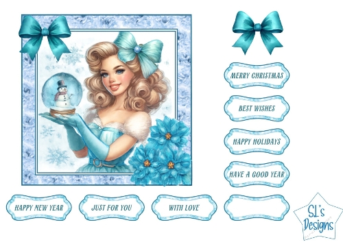 Elegant Winter Glamour Lady Card Front with Snow Globe,  Printable Christmas & Holiday Craft Sheet