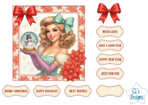 Vintage Christmas Glamour Lady Card Front with Red Poinsettias, Festive Printable Craft Sheet
