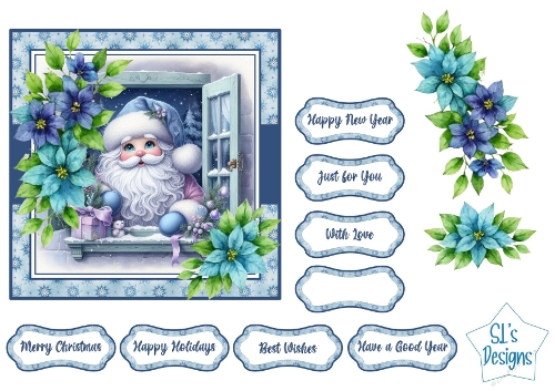Cute Santa at the Window Christmas Card Topper, Winter Blue Poinsettia Festive Design