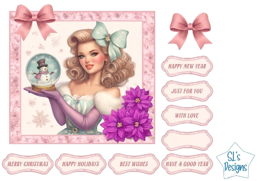 Vintage Christmas Lady with Snow Globe, Printable Card Front with Sentiments and Embellishments